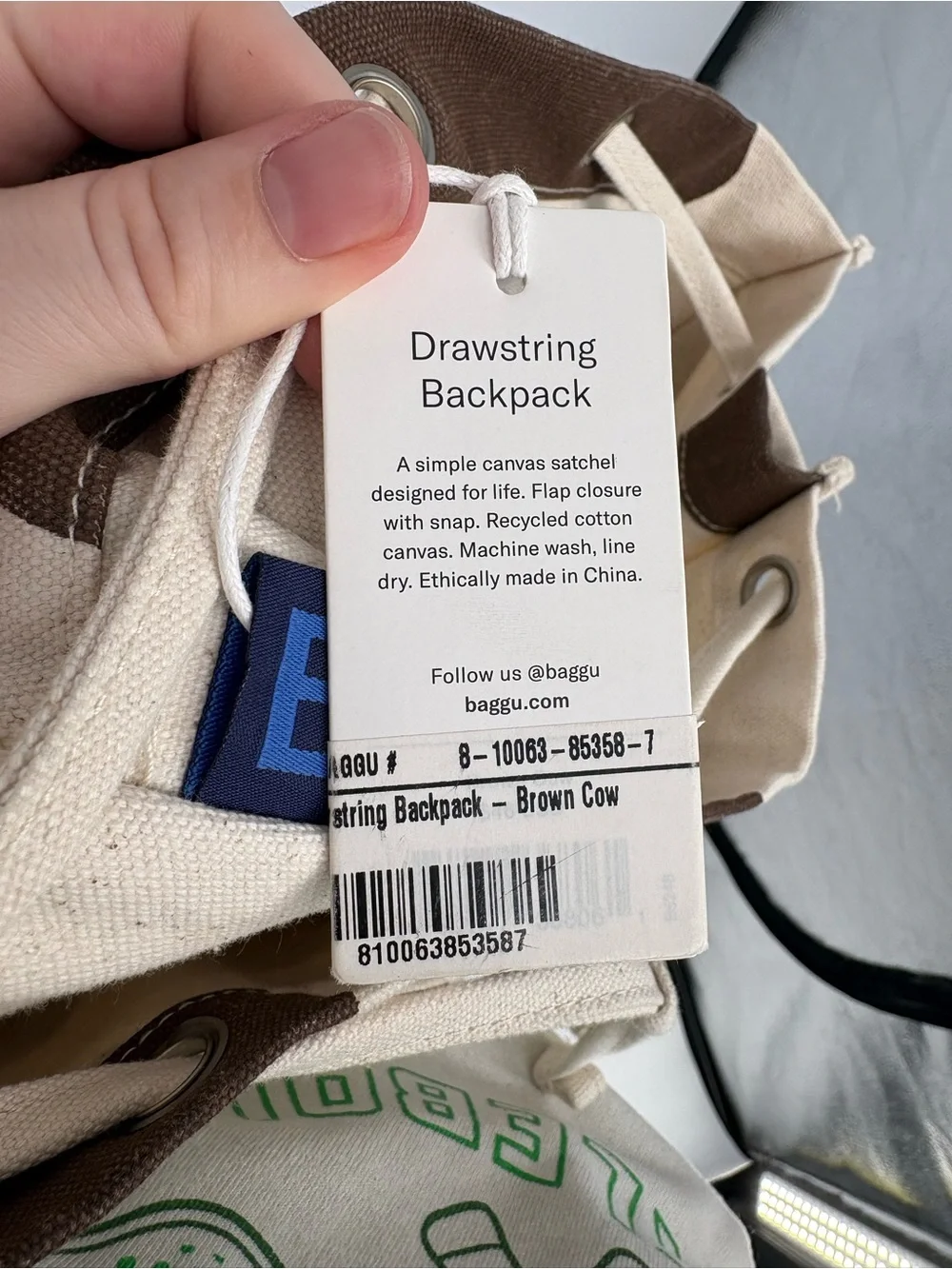 BAGGU Canvas Cowprint Drawstring Backpack - Brown & Cream